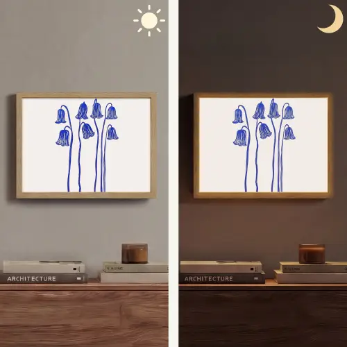 Bloemen - Blauw - Lijnen - Bloemblaadjes Light Box met batterij (Wandlamp) middel -sfeer3