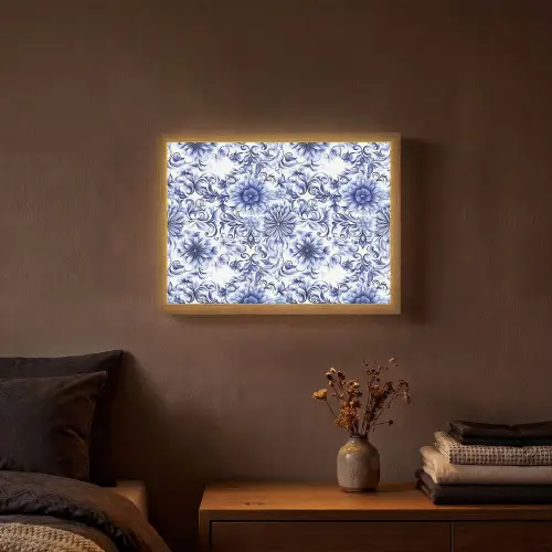 Bloemen - Blauw - Patroon - Wit Light Box met batterij (Wandlamp) middel 907 -sfeer4
