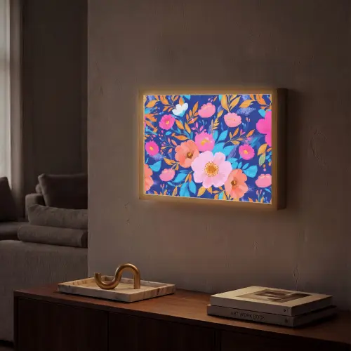 Bloemen - Blauw - Roze Light Box met batterij (Wandlamp) middel -sfeer1