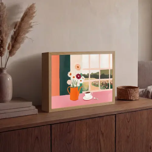 Bloemen - Koffie - Raam Light Box met batterij (Wandlamp) middel -sfeer2