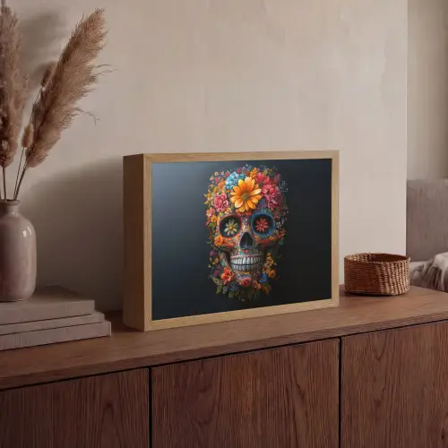 Bloemen - Kleurrijk - Schedel Light Box met batterij (Wandlamp) middel -sfeer2