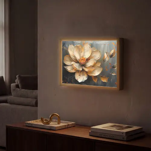 Bloemen - Goud - Kunst - Zwart - Modern Light Box met batterij (Wandlamp) middel -sfeer1