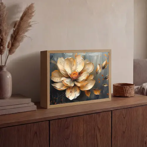 Bloemen - Goud - Kunst - Zwart - Modern Light Box met batterij (Wandlamp) middel -sfeer2