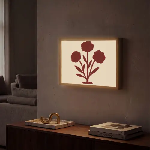 Bloemen - Bladeren - Rood - Minimalistisch Light Box met batterij (Wandlamp) middel -sfeer1