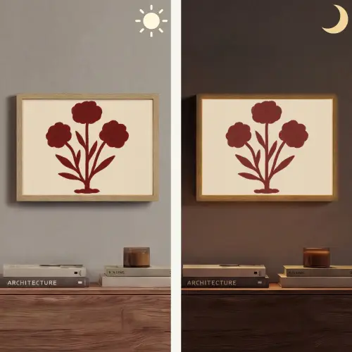 Bloemen - Bladeren - Rood - Minimalistisch Light Box met batterij (Wandlamp) middel -sfeer3