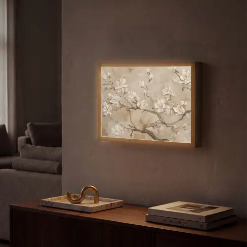Bloemen - Modern - Beige - Wit - Bloesem Light Box met batterij (Wandlamp) middel -sfeer1