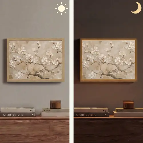 Bloemen - Modern - Beige - Wit - Bloesem Light Box met batterij (Wandlamp) middel -sfeer3