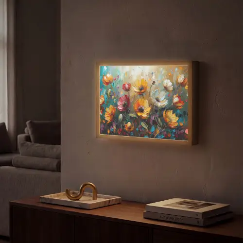 Bloemen - Verf - Kunst - Modern Light Box met batterij (Wandlamp) middel -sfeer1