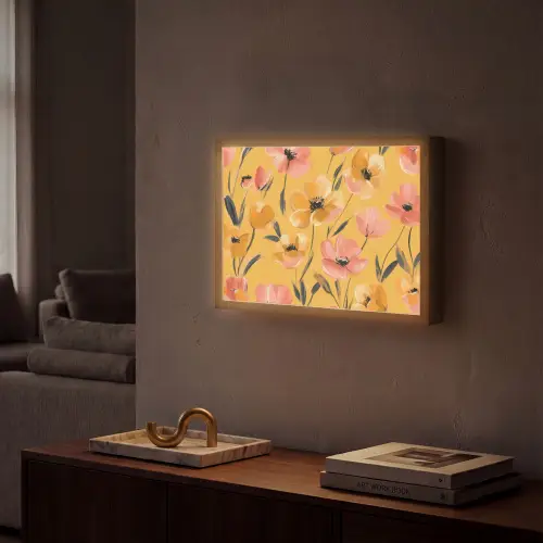 Bloemen - Geschilderd - Geel Light Box met batterij (Wandlamp) middel -sfeer1