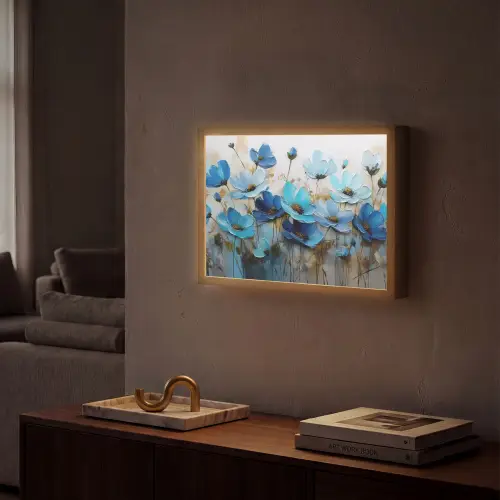 Bloemen - Schilderij - Blauw Light Box met batterij (Wandlamp) middel -sfeer1