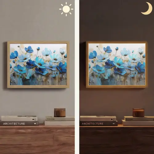 Bloemen - Schilderij - Blauw Light Box met batterij (Wandlamp) middel -sfeer3