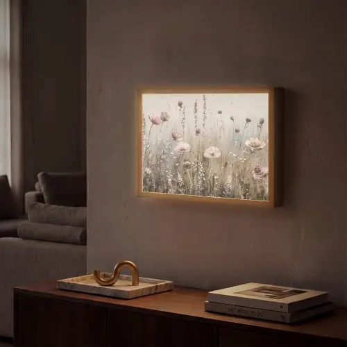 Bloemen - Roze - Modern - Beige Light Box met batterij (Wandlamp) middel -sfeer1