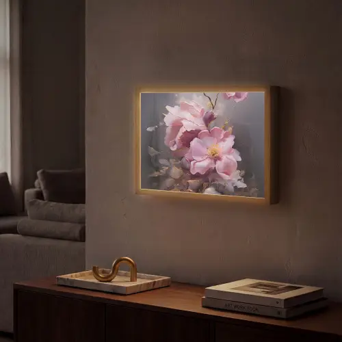 Bloemen - Roze - Stilleven - Kunst Light Box met batterij (Wandlamp) middel -sfeer1