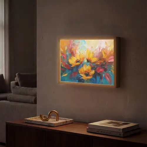 Bloemen - Zonnebloemen - Kunst - Geel Light Box met batterij (Wandlamp) middel -sfeer1