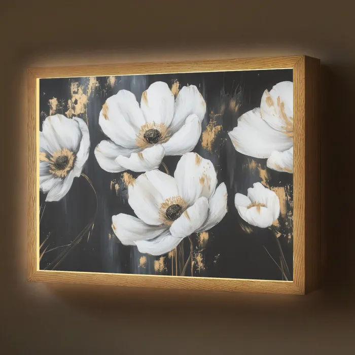 Bloemen - Wit - Abstract Light Box met batterij (Wandlamp) middel -z3d_website