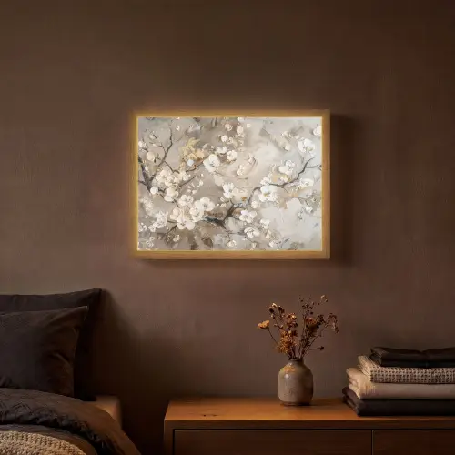 Bloemen - Wit - Goud - Beige - Luxe Light Box met batterij (Wandlamp) middel -sfeer4