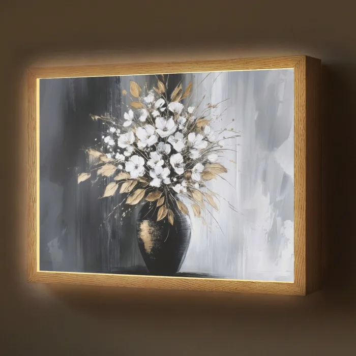 Bloemen - Wit - Vaas - Abstract Light Box met batterij (Wandlamp) middel -z3d_website