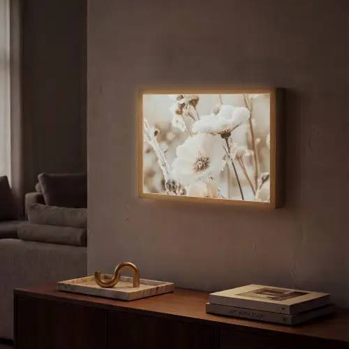 Bloemen - Winter - Wit - Sneeuw - Beige Light Box met batterij (Wandlamp) middel -sfeer1