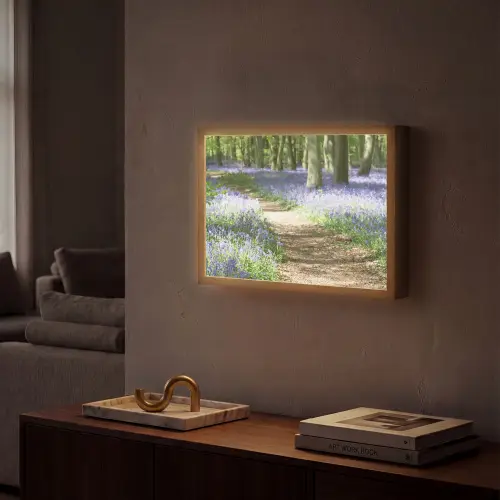 Bos - Pad - Bloemen - Paars - Groen - Natuur Light Box met batterij (Wandlamp) middel -sfeer1