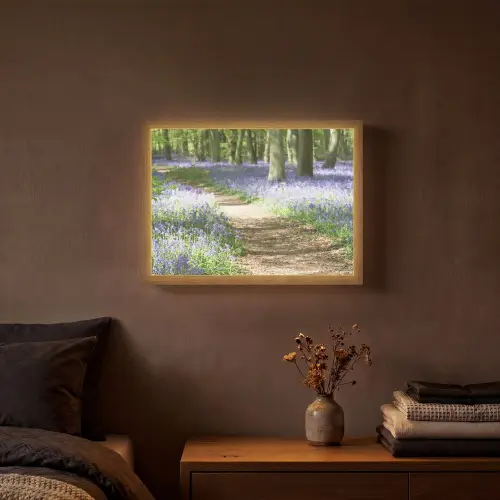 Bos - Pad - Bloemen - Paars - Groen - Natuur Light Box met batterij (Wandlamp) middel -sfeer4