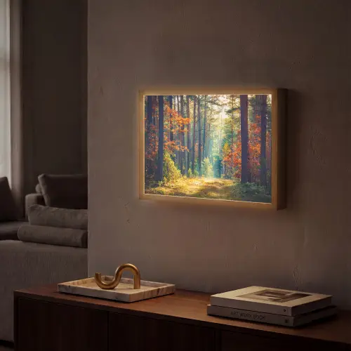 Bos - Zon - Natuur - Herfst Light Box met batterij (Wandlamp) middel -sfeer1
