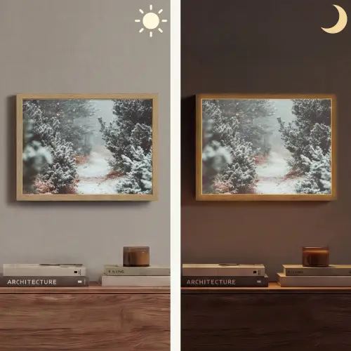 Bos - Winter - Bomen - Natuur - Pad - Sneeuw Light Box met batterij (Wandlamp) middel -sfeer3