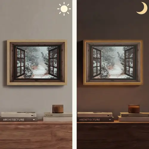 Bos - Winter - Bomen - Natuur - Pad - Doorkijk Light Box met batterij (Wandlamp) middel -sfeer3