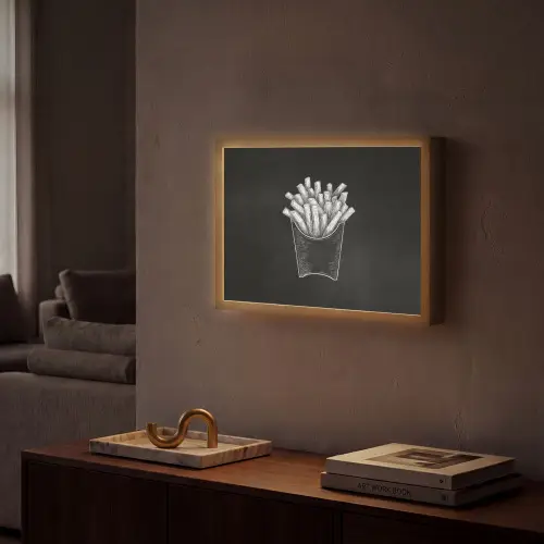 Friet - Witte krijttekening - Zwart Light Box met batterij (Wandlamp) middel -sfeer1