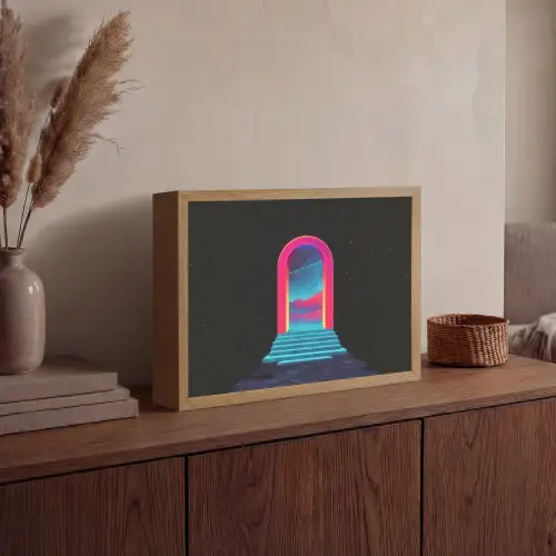 Poortje - Landschap - Sterrenhemel - Roze Light Box met batterij (Wandlamp) middel -sfeer2