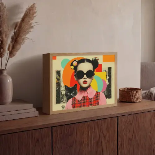 Meisje - Zonnebril - Kat - Retro Light Box met batterij (Wandlamp) middel -sfeer2