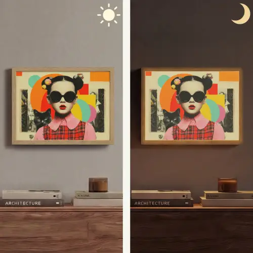 Meisje - Zonnebril - Kat - Retro Light Box met batterij (Wandlamp) middel -sfeer3