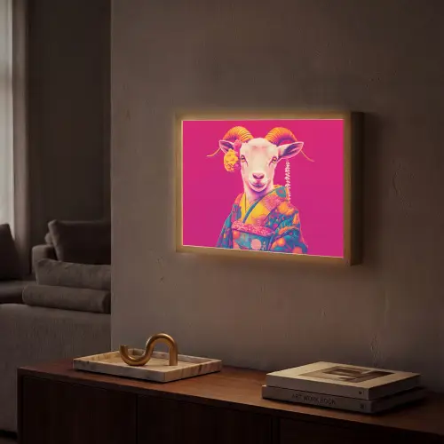 Geit - Hoorns - Kimono - Kleurrijk Light Box met batterij (Wandlamp) middel -sfeer1
