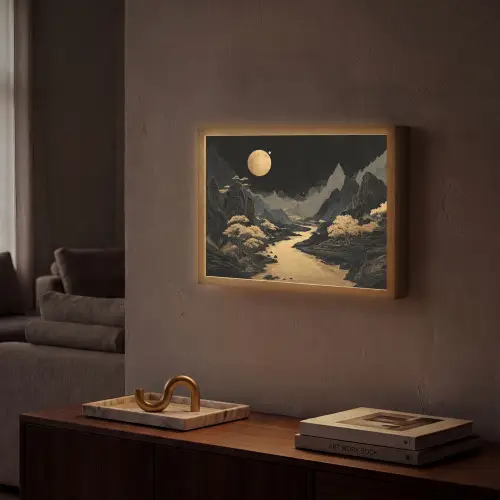 Gouden rivier - Bergen - Maan - Sterrenhemel Light Box met batterij (Wandlamp) middel -sfeer1