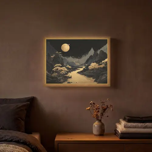 Gouden rivier - Bergen - Maan - Sterrenhemel Light Box met batterij (Wandlamp) middel -sfeer4