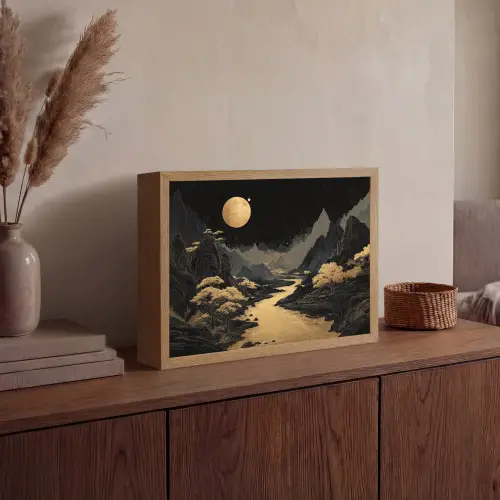 Gouden rivier - Bergen - Maan - Sterrenhemel Light Box met batterij (Wandlamp) middel -sfeer2