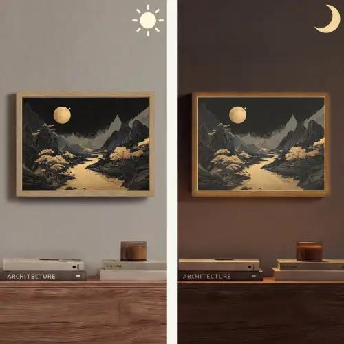 Gouden rivier - Bergen - Maan - Sterrenhemel Light Box met batterij (Wandlamp) middel -sfeer3