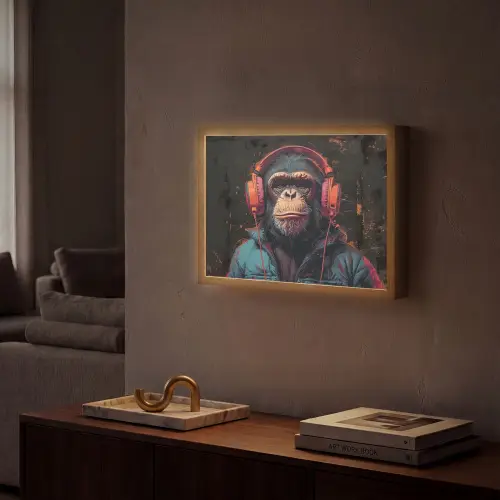 Graffiti - Chimpansee - Koptelefoon - Aap Light Box met batterij (Wandlamp) middel -sfeer1