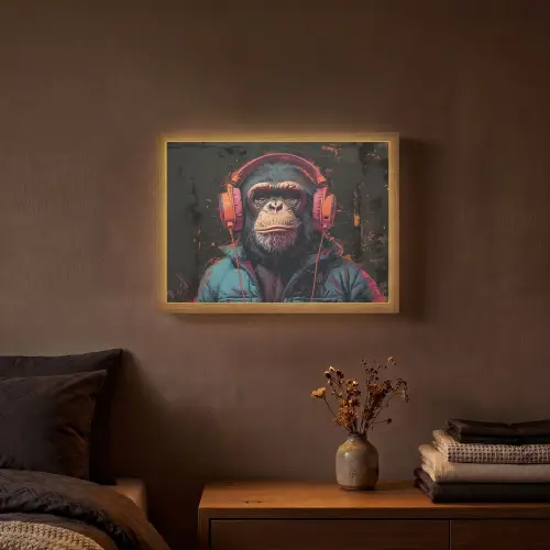 Graffiti - Chimpansee - Koptelefoon - Aap Light Box met batterij (Wandlamp) middel -sfeer4