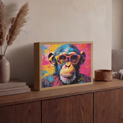 Graffiti - Chimpansee - Aap - Bril - Kleurrijk Light Box met batterij (Wandlamp) middel -sfeer2