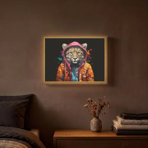 Graffiti - Luipaard - Zwart - Jas Light Box met batterij (Wandlamp) middel -sfeer4