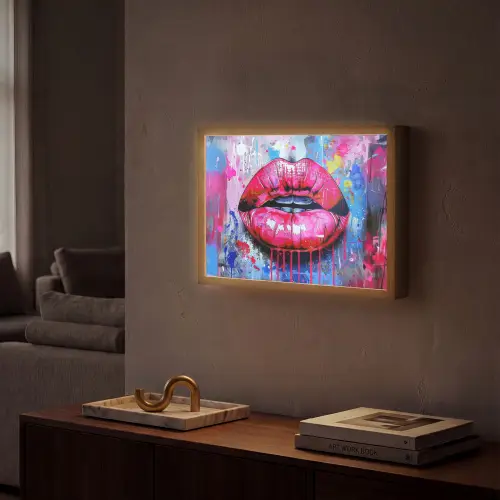 Graffiti - Lippen - Felroze - Geschilderd Light Box met batterij (Wandlamp) middel -sfeer1