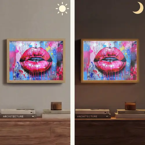 Graffiti - Lippen - Felroze - Geschilderd Light Box met batterij (Wandlamp) middel -sfeer3