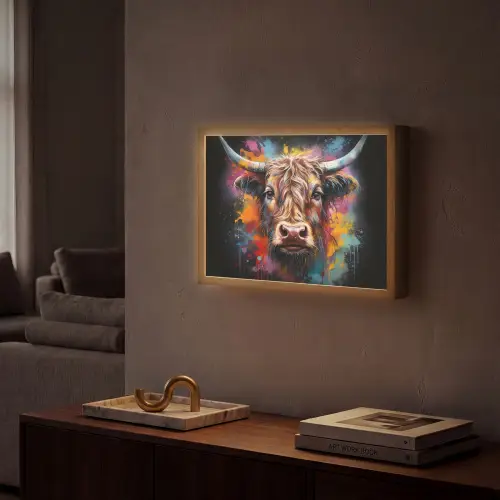 Graffiti - Schotse hooglander - Zwart - Koe Light Box met batterij (Wandlamp) middel -sfeer1