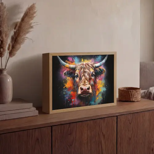 Graffiti - Schotse hooglander - Zwart - Koe Light Box met batterij (Wandlamp) middel -sfeer2