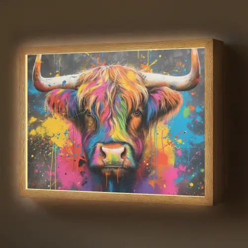 Graffiti - Schotse hooglander - Koe - Kleurrijk Light Box met batterij (Wandlamp) middel -z3d_website