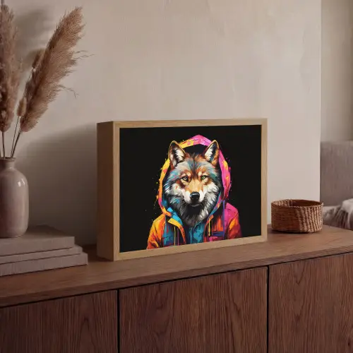 Graffiti - Wolf - Jas - Zwart Light Box met batterij (Wandlamp) middel -sfeer2