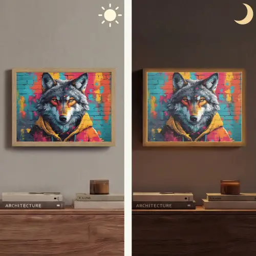 Graffiti - Wolf - Street art - Blauw Light Box met batterij (Wandlamp) middel -sfeer3
