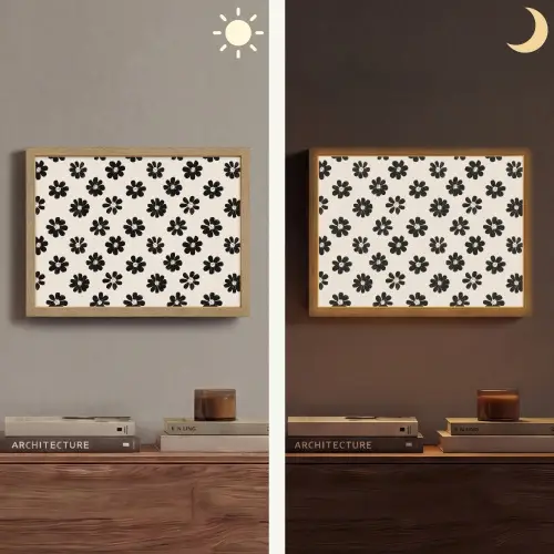Grafisch - Madeliefjes - Zwart - Beige Light Box met batterij (Wandlamp) middel 907 -sfeer3