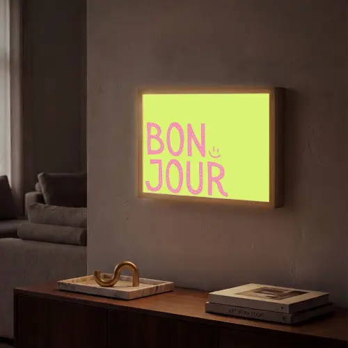 Groen - Smiley - Bonjour - Roze Light Box met batterij (Wandlamp) middel -sfeer1