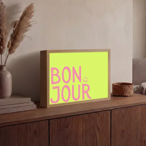 Groen - Smiley - Bonjour - Roze Light Box met batterij (Wandlamp) middel -sfeer2